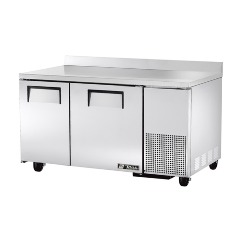 Alt Tag: True 60-inch Stainless Steel Two-Door Deep Worktop Freezer Counter commercial two-door stainless prep counter freezer with casters