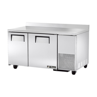 Alt Tag: True 60-inch Stainless Steel Two-Door Deep Worktop Freezer Counter commercial two-door stainless prep counter freezer with casters