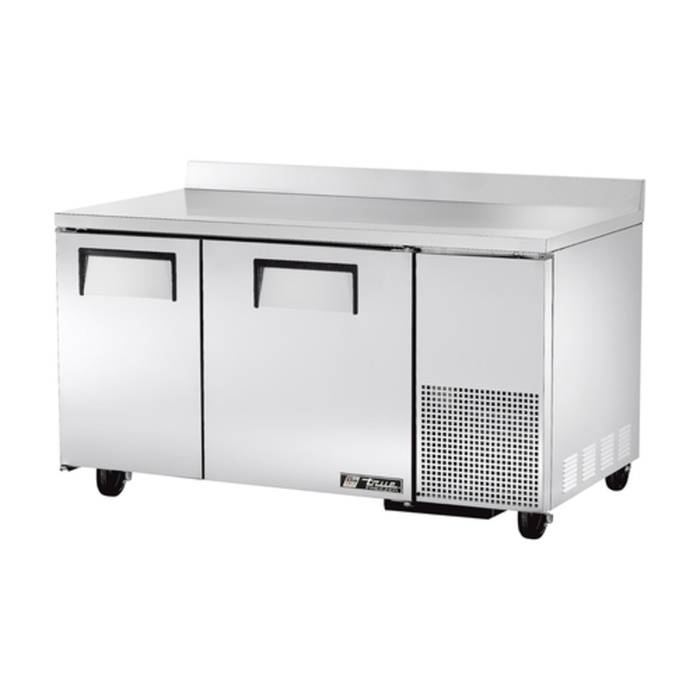 Alt Tag: True 60-inch Stainless Steel Two-Door Deep Worktop Freezer Counter commercial two-door stainless prep counter freezer with casters