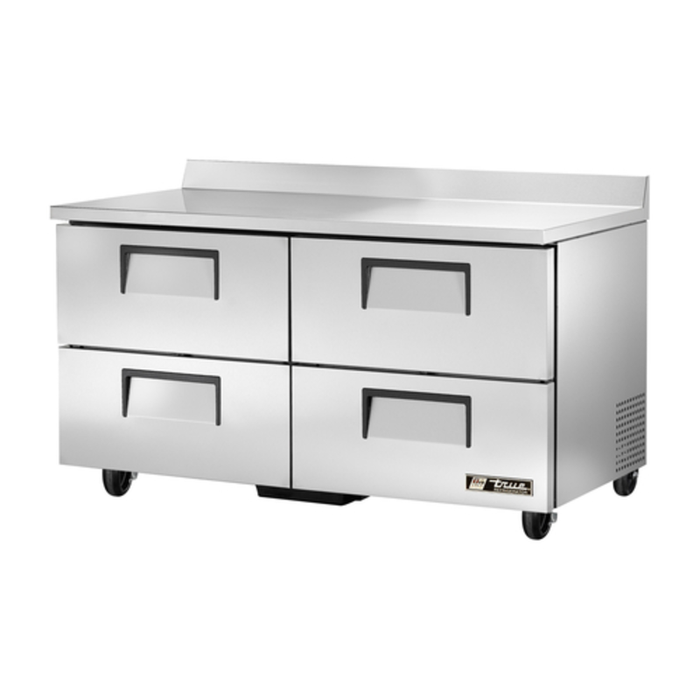 Alt Tag: True TWT-60D-4-HC 60-Inch Four Drawer Refrigerated Worktop Counter stainless steel commercial kitchen prep counter