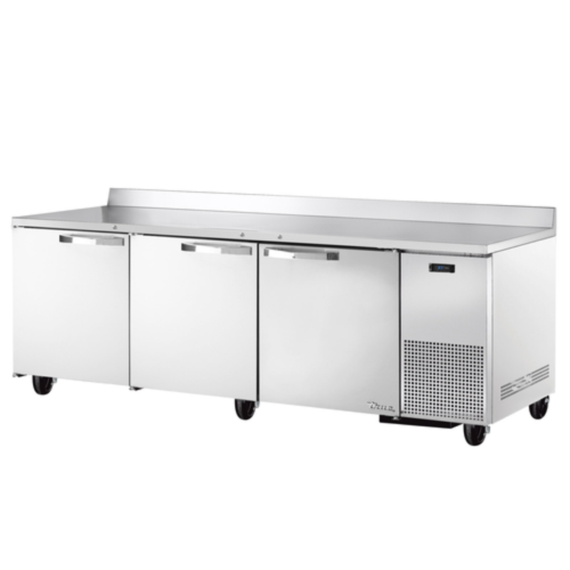 True TWT-93-HC~SPEC3 93 1/4 Inch Refrigerated Work Top Counter stainless steel 3-door commercial prep table with backsplash