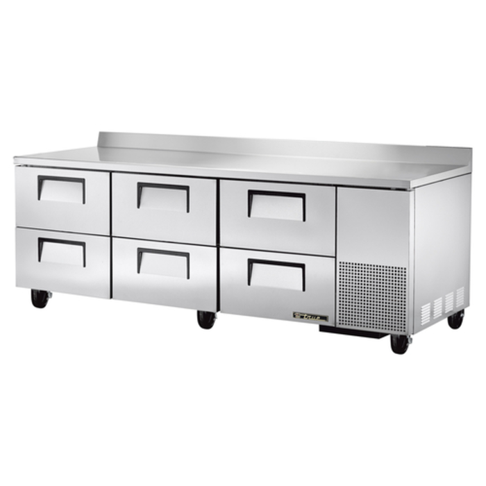 Alt Tag: True 93-inch Deep Worktop Six-Drawer Refrigerated Prep Counter stainless steel commercial kitchen prep counter with 6 drawers