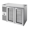 Alt Tag: True USA Foodservice 48-Inch Two-Door Refrigerated Back Bar Cabinet stainless steel outdoor-rated back bar fridge with glass doors