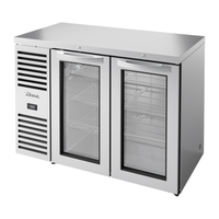 Alt Tag: True USA Foodservice 48-Inch Two-Door Refrigerated Back Bar Cabinet stainless steel outdoor-rated back bar fridge with glass doors