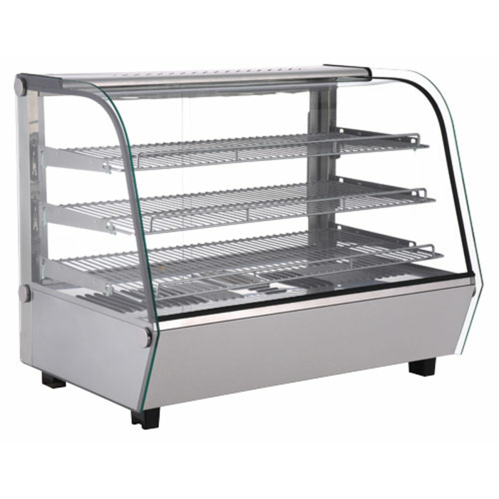 Alt Tag: Omcan 47455 5.65 cu. ft. Countertop Hot Food Display Warmer Case glass countertop warmer with 3 shelves, illuminated display