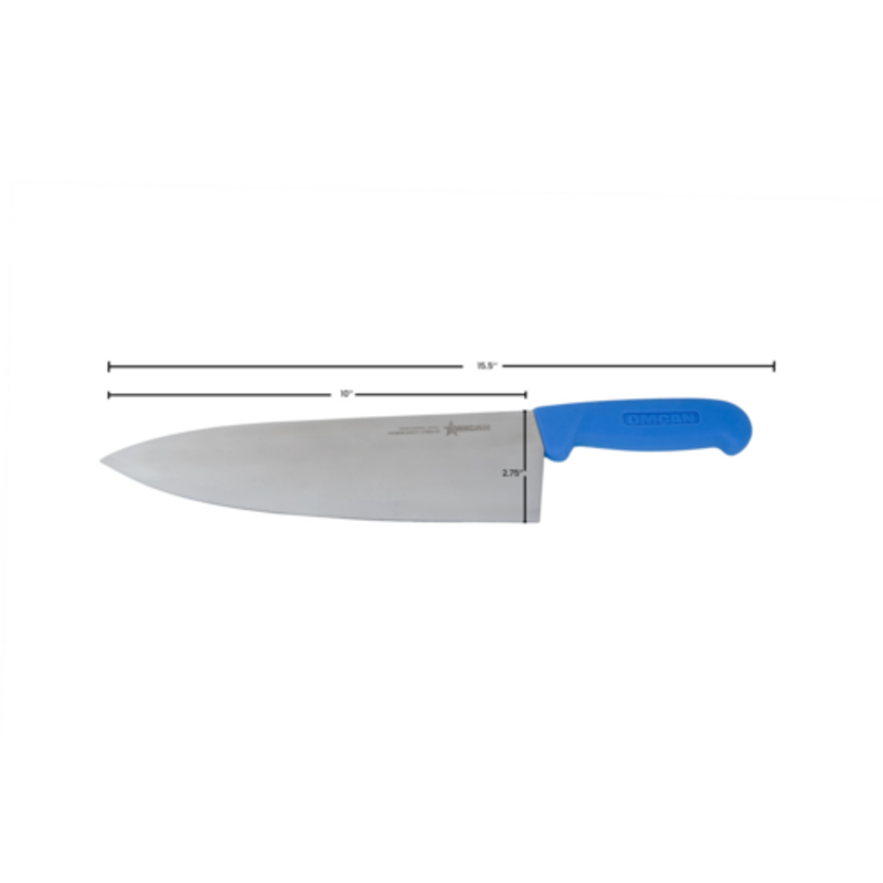 Alt Tag: Omcan 12097 10-Inch Medium Blade Professional Chef Knife Blue Handle stainless steel chef knife with blue handle, 10-inch blade size diagram