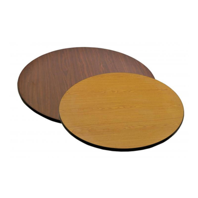 Alt Tag: Omcan 43166 24 Inch Round Reversible Oak Walnut Restaurant Tabletop laminate cafe table surface, oak and walnut sides