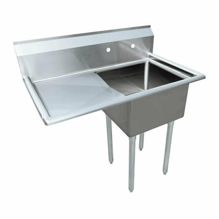 Alt Tag: OMCAN 43771 One Compartment Stainless Steel Pot Sink with Left Drainboard, 18-gauge commercial kitchen sink with backsplash
