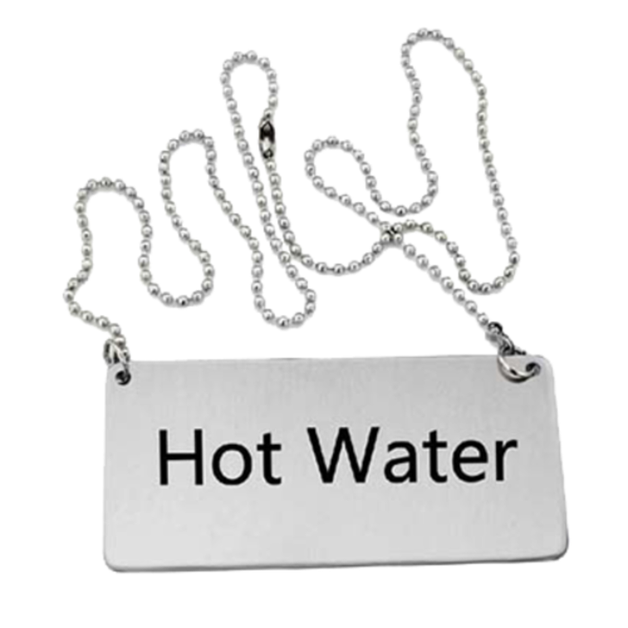 Omcan 80135 Stainless Steel Hot Water Beverage Sign with Chain for clear identification at beverage stations.