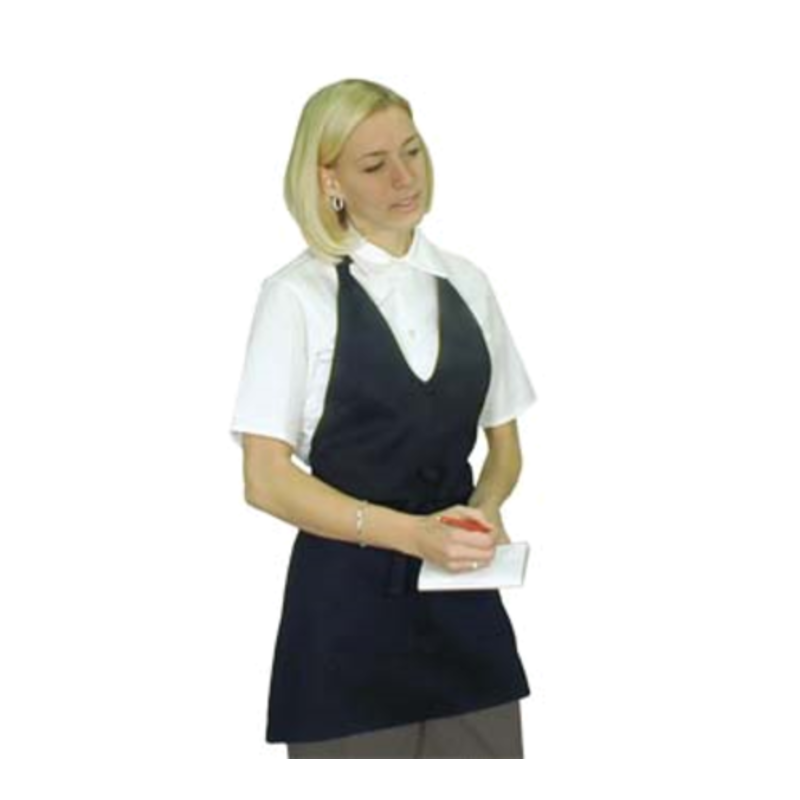 Woman Wearing A Black Tuxedo Apron While Taking Notes In A Professional Setting