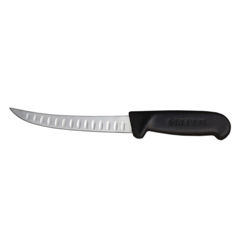 Alt Tag: OMCAN 11819 Granton Edge Curved Blade Boning Knife with Black Handle, 6-inch curved blade for precise deboning