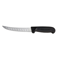 Alt Tag: OMCAN 11819 Granton Edge Curved Blade Boning Knife with Black Handle, 6-inch curved blade for precise deboning