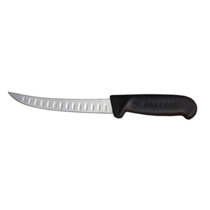 Alt Tag: OMCAN 11819 Granton Edge Curved Blade Boning Knife with Black Handle, 6-inch curved blade for precise deboning