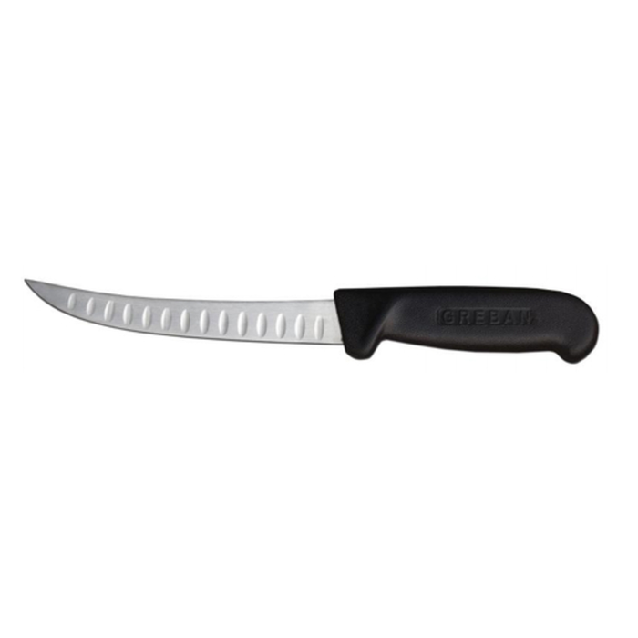 Alt Tag: OMCAN 11819 Granton Edge Curved Blade Boning Knife with Black Handle, 6-inch curved blade for precise deboning