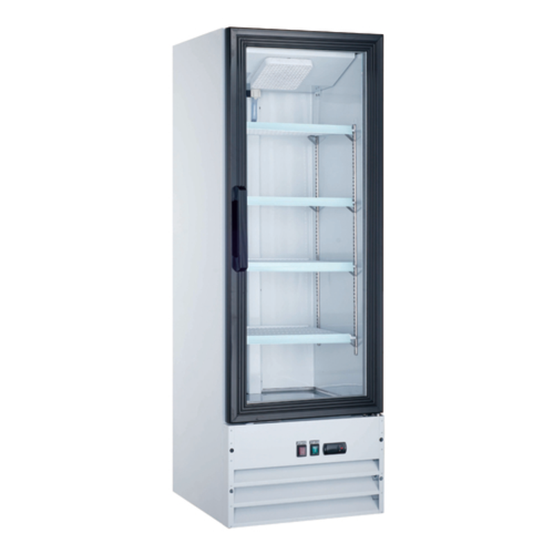 Omcan 50033 22" Wide White Glass Door Display Refrigerator Merchandiser for beverages and grab-and-go items.