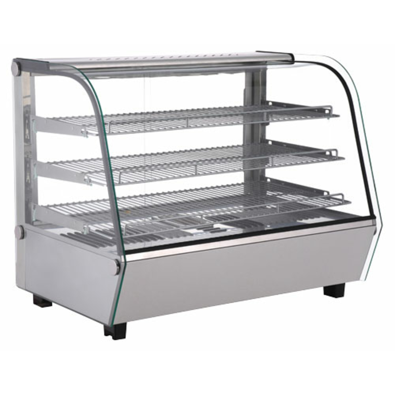 Omcan 47455 Comptoir de 5,65 pi³ Boîtier chauffant pour exposer des aliments chauds avec façade en verre courbée et 3 tablettes
