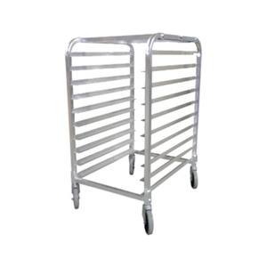 Alt Tag: OMCAN 22128 Aluminum 10 Pan Capacity Curve Top Pan Rack on casters, commercial kitchen bakery pan trolley