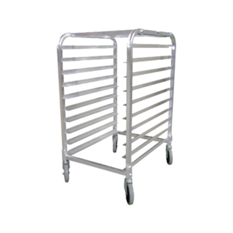 Alt Tag: OMCAN 22128 Aluminum 10 Pan Capacity Curve Top Pan Rack on casters, commercial kitchen bakery pan trolley