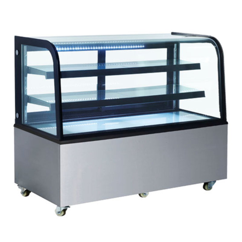 OMCAN 47104 59.6-inch Wide Curved Glass Dry Bakery Display Case non-refrigerated curved glass showcase with LED lighting and shelves