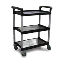 Alt Tag: Omcan 24183 Plastic Bussing Cart with 165.34 lbs Capacity black 3-shelf utility cart with handles and caster wheels