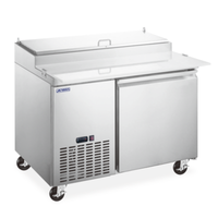 Alt Tag: OMCAN 59042 45" Wide Single Door Refrigerated Pizza Prep Table stainless steel commercial prep table with refrigerated base