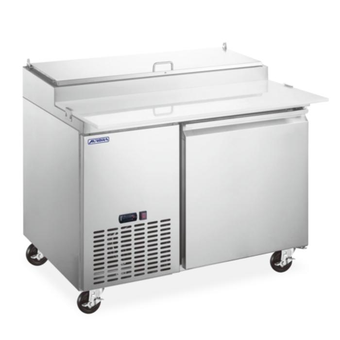 Alt Tag: OMCAN 59042 45" Wide Single Door Refrigerated Pizza Prep Table stainless steel commercial prep table with refrigerated base