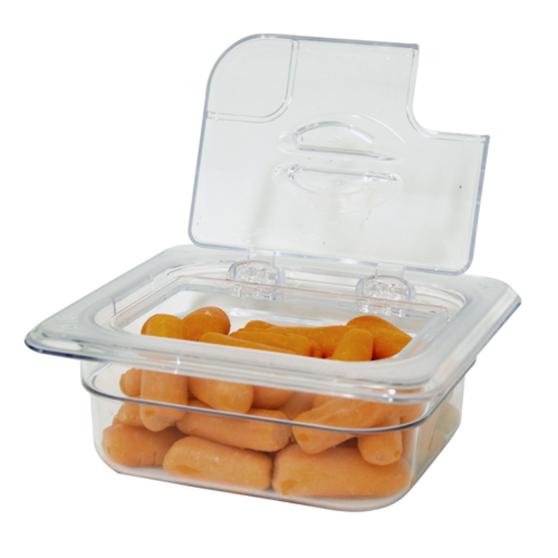 Polycarbonate Food Pan Cover With Flip Lid Featuring Fresh Carrots Inside A 1/6 Size Container