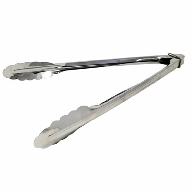 Heavy-Duty Stainless Steel Kitchen Tongs With Scalloped Edges For Easy Handling And Control.