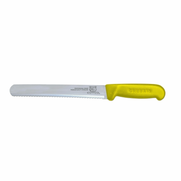 Omcan 12672 10-Inch Straight Wave Edge Slicer Knife Yellow with serrated 10-inch blade and yellow handle