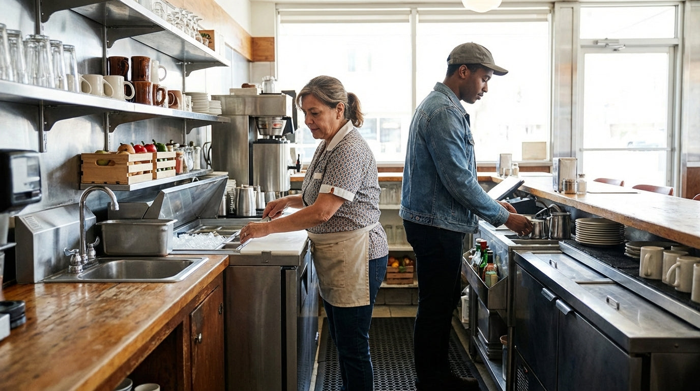 Barista and coworker preparing drinks behind a coffee shop counter with espresso machine, cups, and stainless-steel kitchen setup