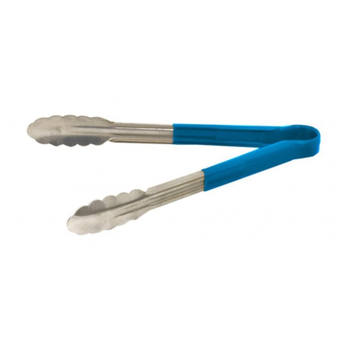Omcan 80543 Commercial Stainless Steel Utility Tongs 9.5-inch Length with blue grip, stainless steel scalloped tips