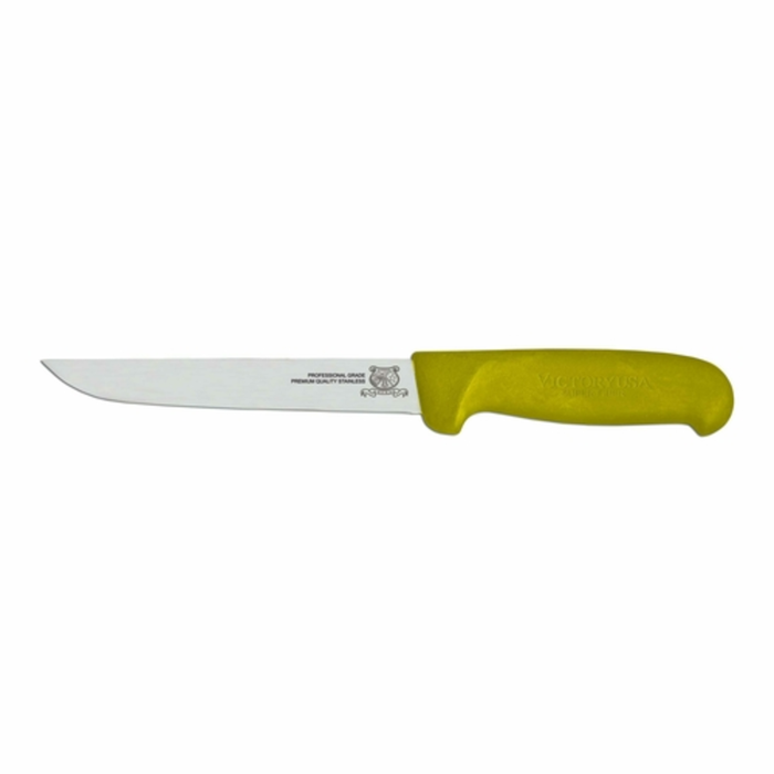 Alt Tag: Omcan 23869 Professional 10-inch Sharp Stainless Steel Boning Knife with yellow handle, 10-inch blade for meat trimming