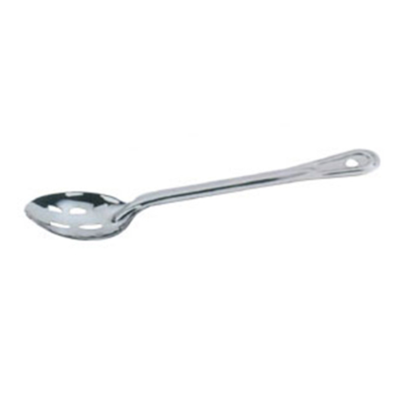 Alt Tag: Omcan 80707 Stainless Steel Slotted Serving Spoon 13-Inch Length stainless steel slotted serving spoon with hanging hole