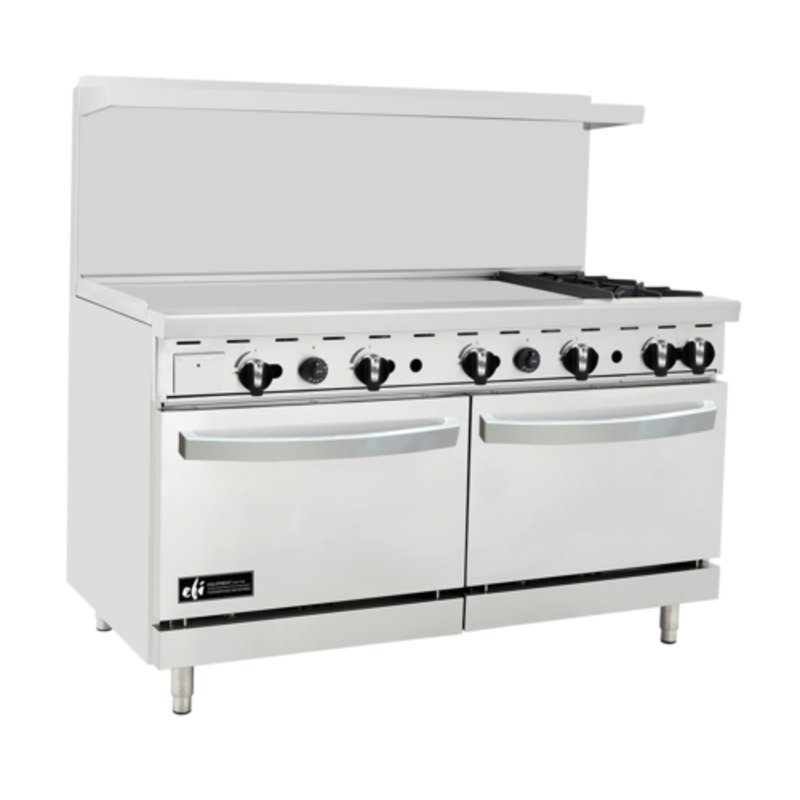 60 Inch Gas Restaurant Range With Griddle Featuring Open Burners And Two Standard Ovens For Commercial Kitchens