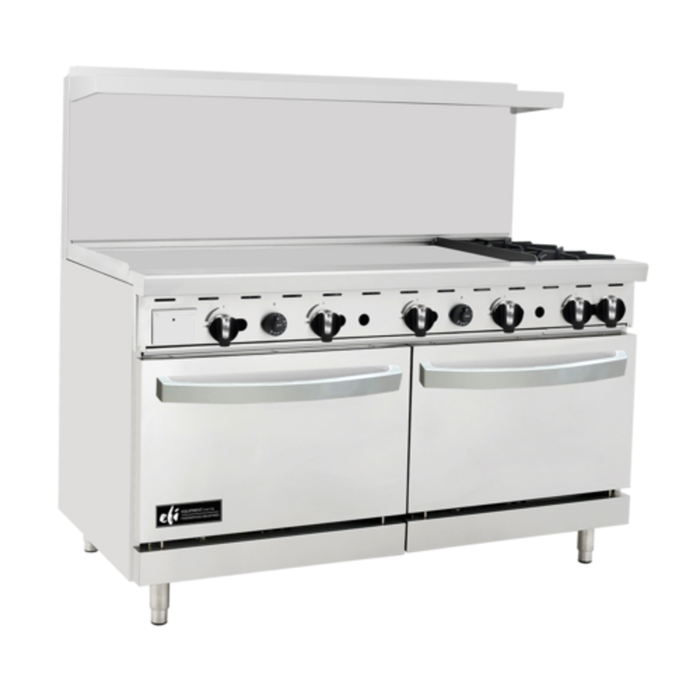 60 Inch Gas Restaurant Range With Griddle Featuring Open Burners And Two Standard Ovens For Commercial Kitchens