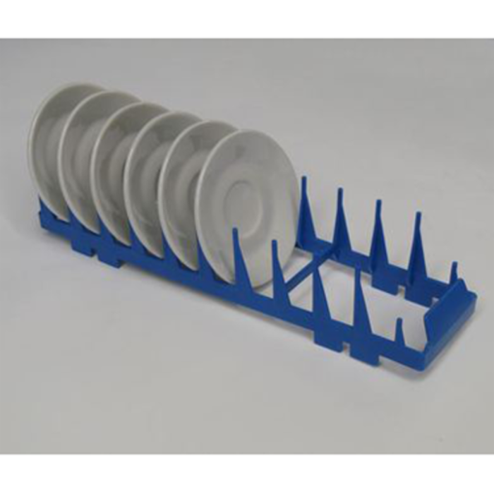 Commercial Dishwasher Saucer Rack With White Saucers Organized In A Durable Blue Plastic Design