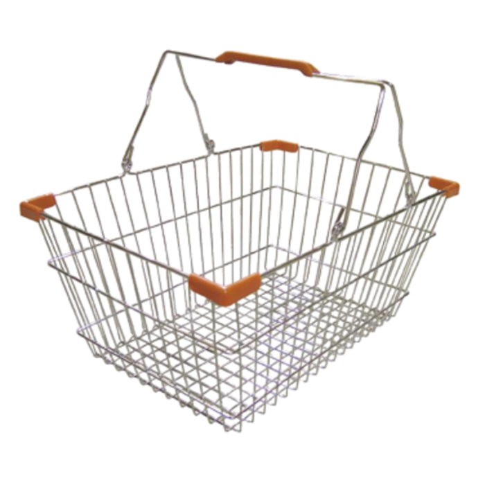 Alt Tag: OMCAN 13022 Wire Shopping Basket 50 lbs Capacity Red Handles chrome wire retail shopping basket with red plastic grip handles