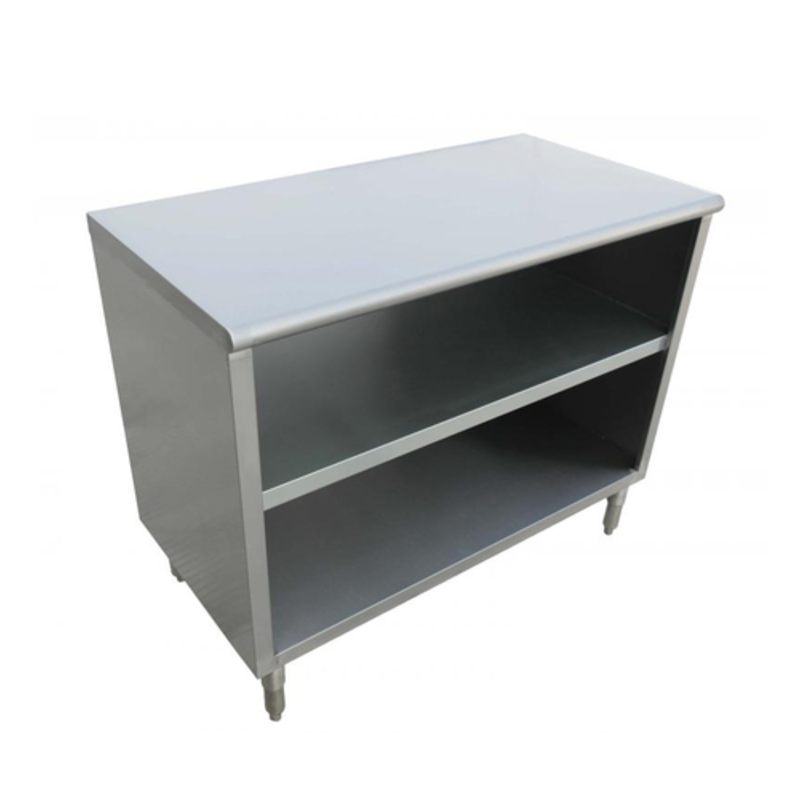 Omcan 38030 26.5 Inch Stainless Steel Commercial Dish Cabinet Storage open-front stainless cabinet with two shelves for kitchen dish storage