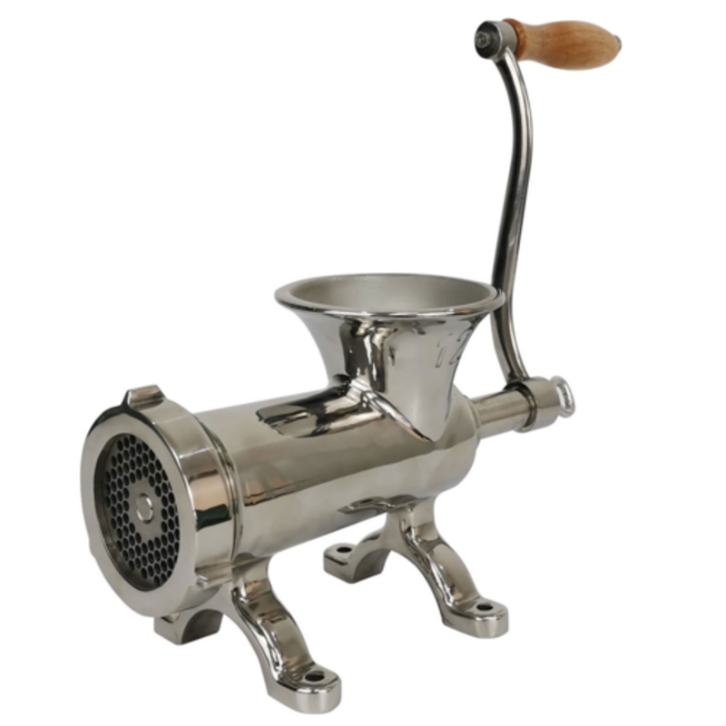 Omcan 44418 Manual Meat Grinder 2-3 Pounds Per Minute Capacity stainless steel hand-crank #12 meat grinder with hopper and clamp base