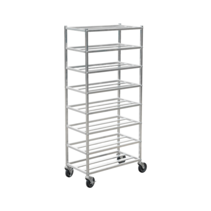 Alt Tag: Omcan 48244 Universal Knock-Down End Load Pan Rack, 20-Tier Capacity aluminum sheet pan rack on casters