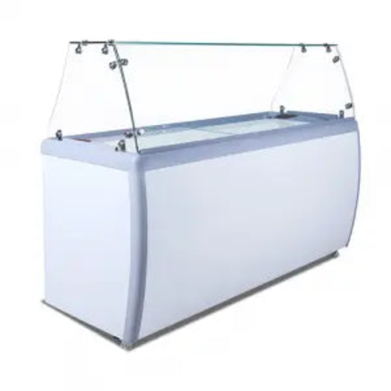 Ancaster Food Equipment 71" Glass Top Ice Cream Dipping Freezer with a sleek design and glass cover.