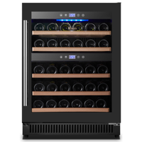 OMCAN 48260 23.4" Dual Zone Vinovero Wine Cooler Refrigerator with dual temperature zones, glass door, and wooden racks for wine storage
