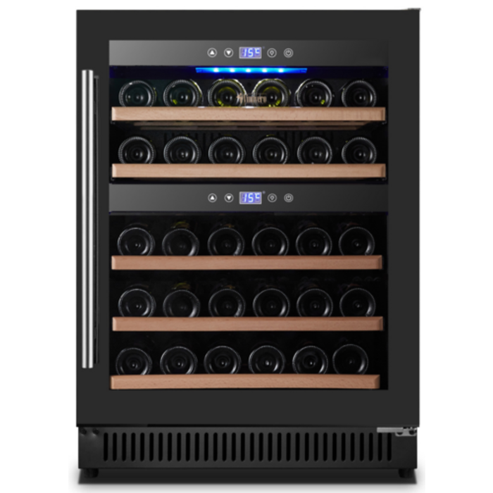 OMCAN 48260 23.4" Dual Zone Vinovero Wine Cooler Refrigerator with dual temperature zones, glass door, and wooden racks for wine storage
