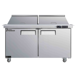 Versa Premier Mega Top Cooler Prep Table with Dual Sections for Efficient Food Preparation.