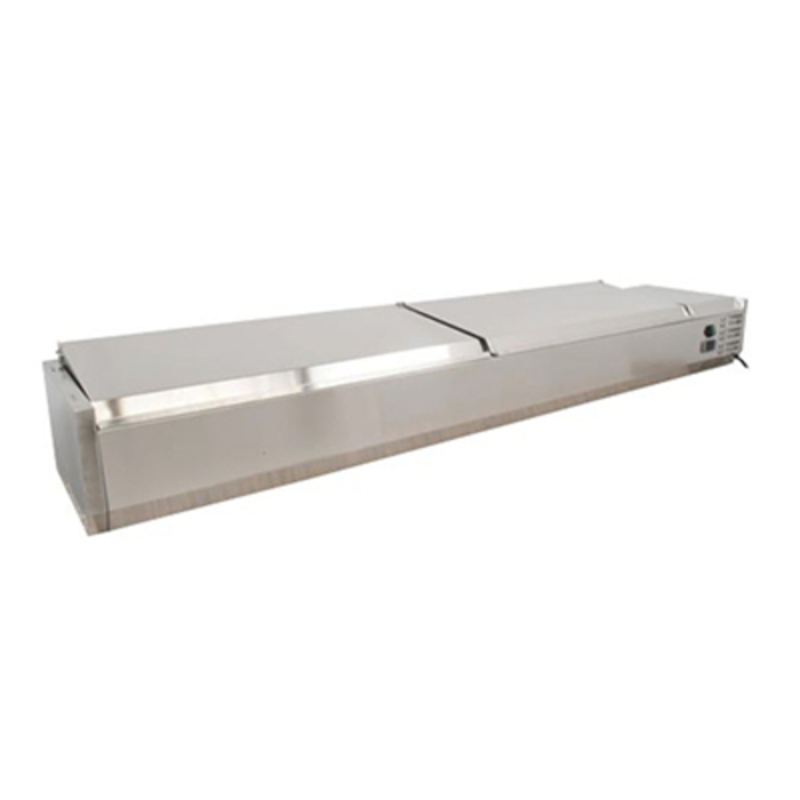 Alt Tag: OMCAN 46657 59" Wide Refrigerated Topping Rail with Stainless Steel Cover stainless steel refrigerated countertop pan rail