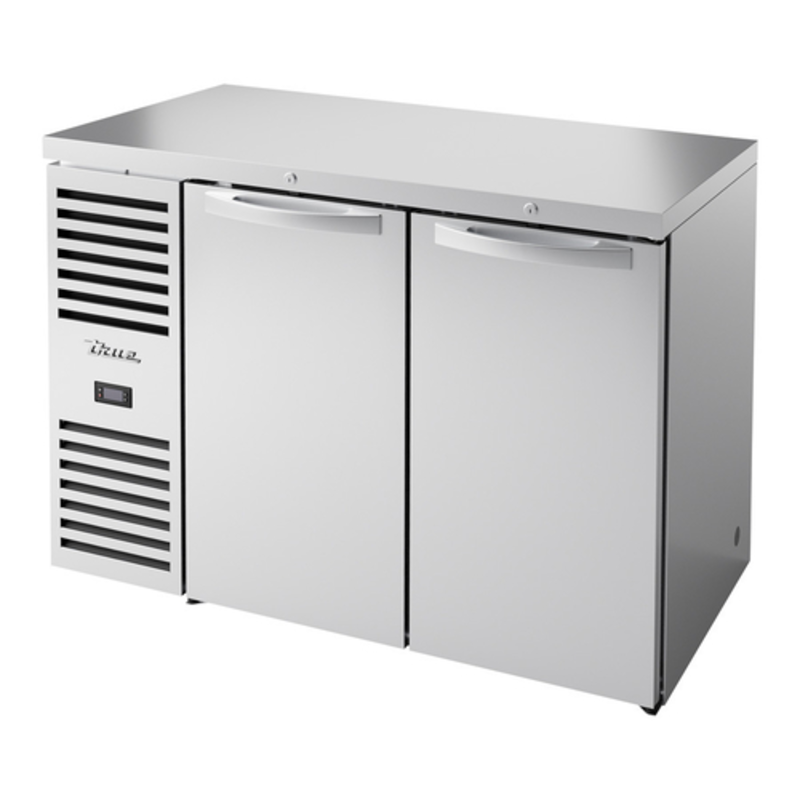 True 48 Inch Back Bar Refrigerator With Solid Doors And Stainless Steel Finish For Commercial Use