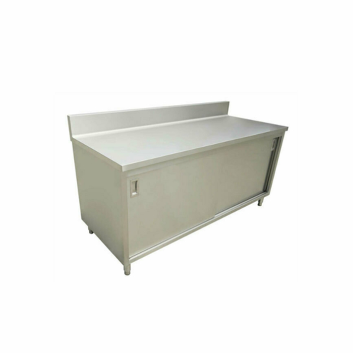 Omcan 72-Inch Stainless Steel Work Table With Cabinet For Efficient Kitchen Storage And Preparation.