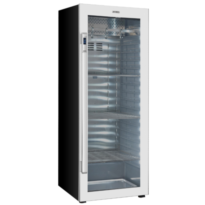 Étiquette alternative : Omcan 49000 21,89 pi³ Armoire de séchage à sec Aurora avec porte en verre, intérieur en acier inoxydable pour la séchage de viande et armoire de vieillissement à sec