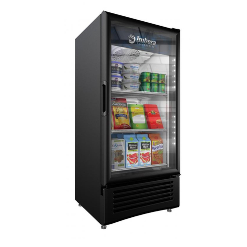 Omcan 41216 9 Cu. Ft. Glass Door Merchandiser Refrigerator Displaying Chilled Grab-And-Go Items For Easy Access.
