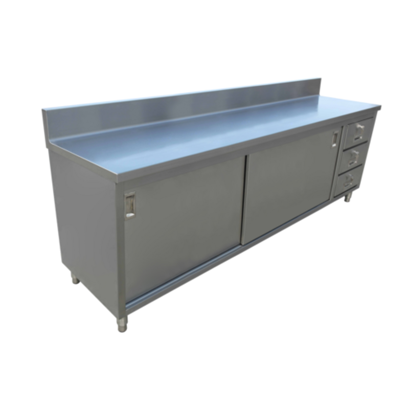 72-Inch Stainless Steel Work Table With Cabinet Base Featuring A Durable Prep Surface And Enclosed Storage.